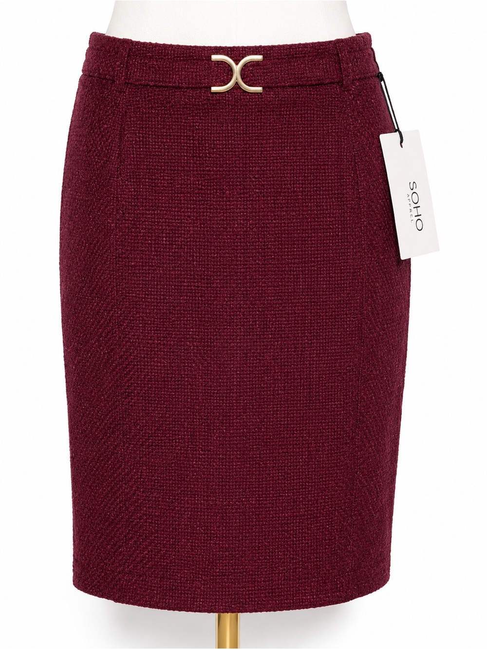 NWT Soho Apparel Burgundy Textured Pencil Skirt Gold Buckle